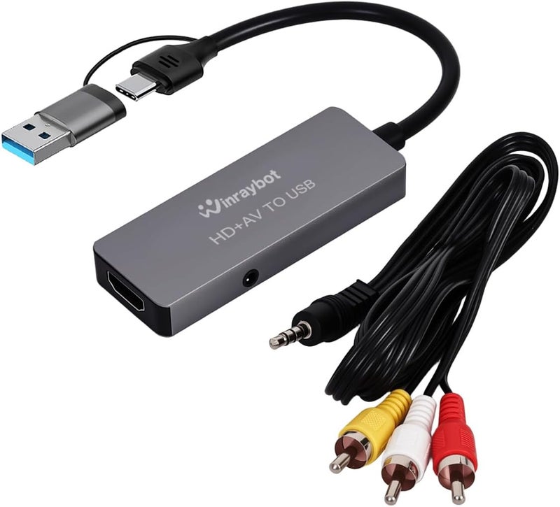 WinRaybot VHS to Digital Converter, RCA to USB Converter Analog to Digital Adapter for VHS/HI9, Video Capture Card for Laptop, HDMI for Video Streaming Convert RCA/S-Video/HDMI Input (USB-A+USB-C) - Image 1